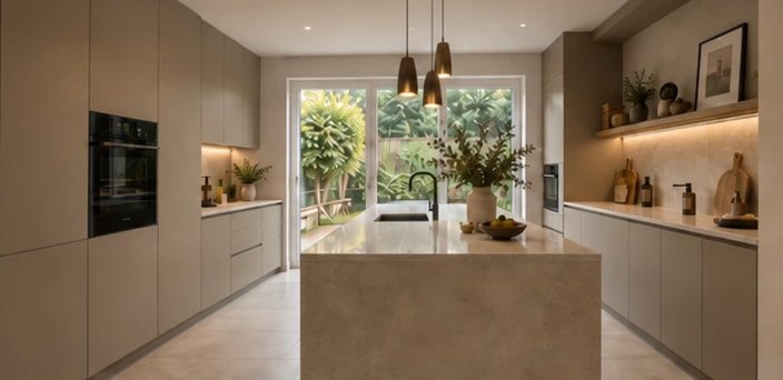 Cuisine rénovée : façades épurées, îlot central, suspensions et éclairage indirect