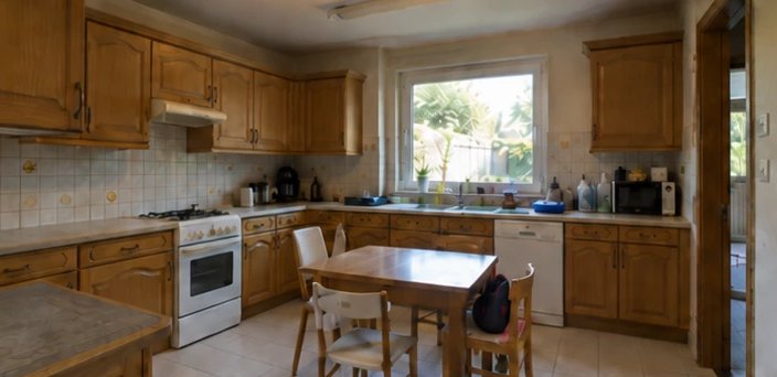 Cuisine avant rénovation : meubles en chêne des années 90