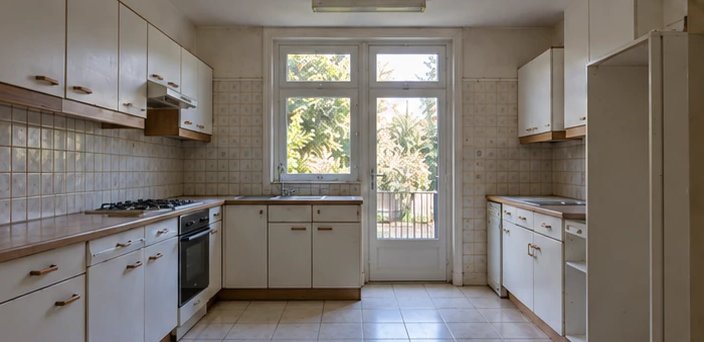 Cuisine avant rénovation : meubles vétustes, faïence datée