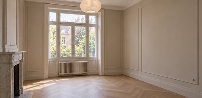 Séjour rénové : moulures, parquet chêne point de Hongrie, cheminée en marbre restaurée