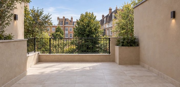 Terrasse rénovée : dallage pierre, murets enduits, jardinières intégrées et éclairage